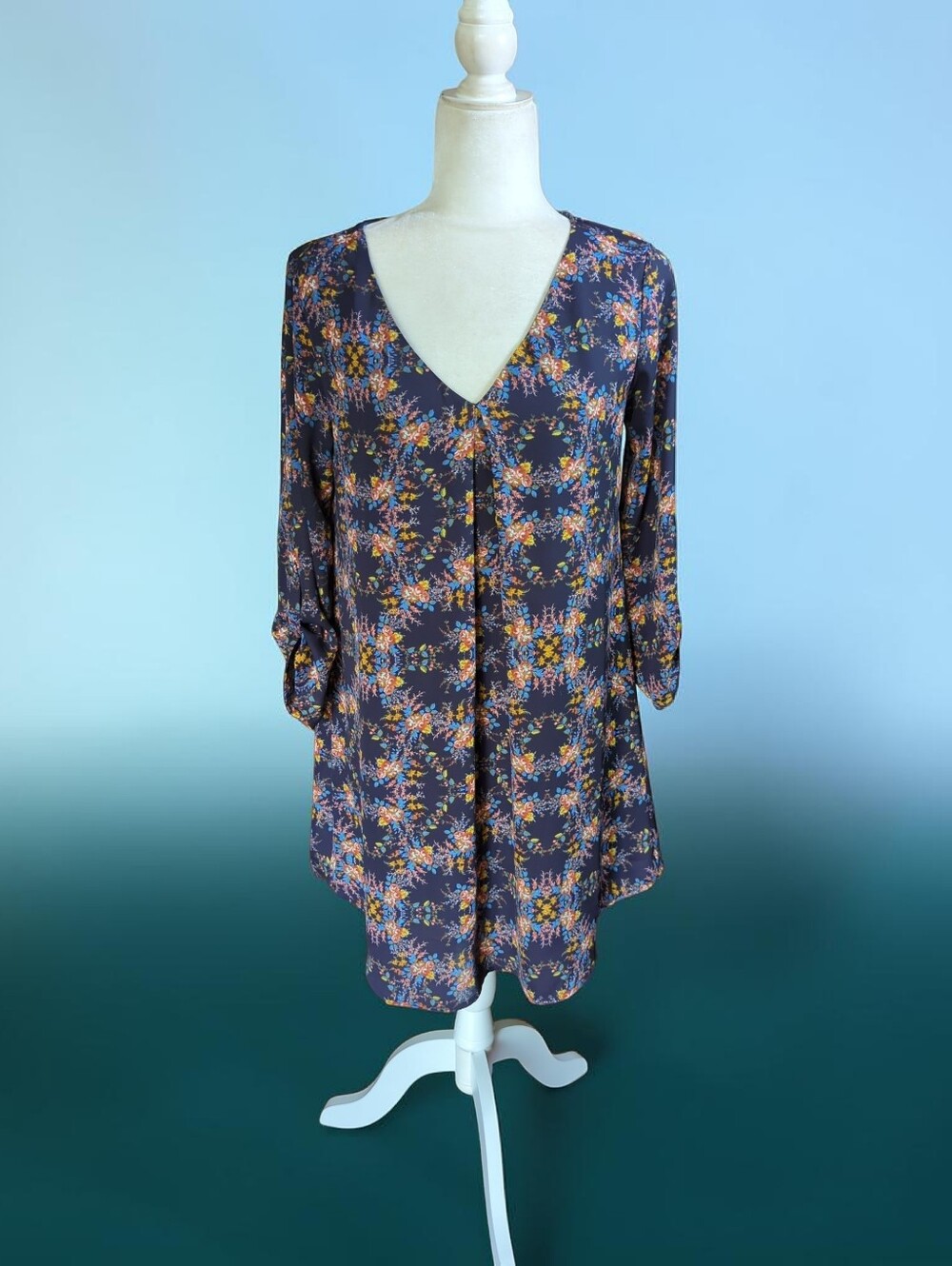 Lush "Karley" Navy Floral Trim V-Neck Dress Cottagecore 3/4 Tab Sleeves Sz M